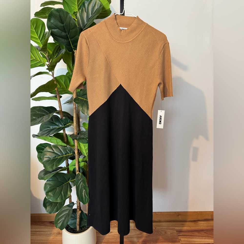 DKNY Black and Camel Colorblock Knit Dress